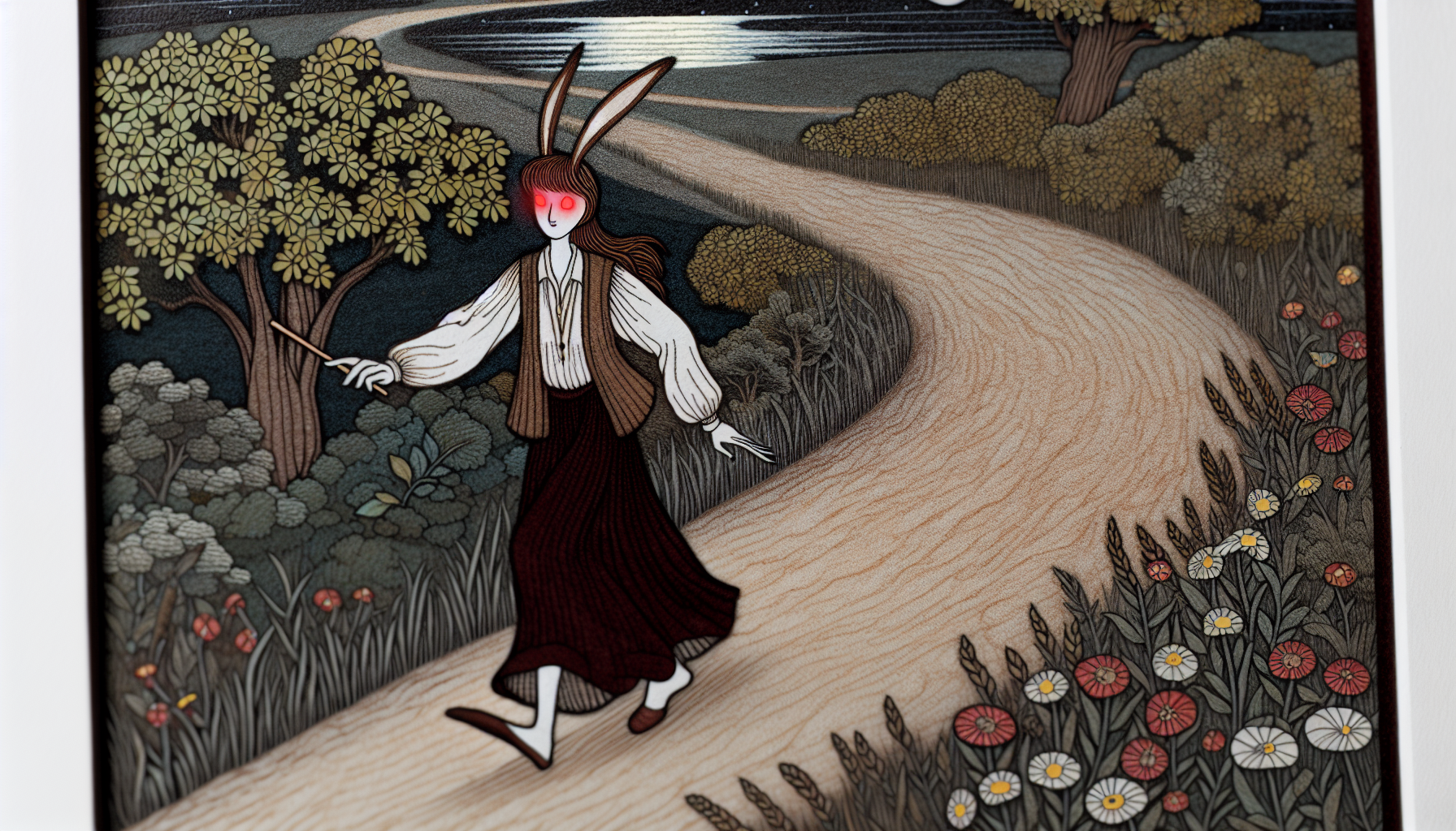 Eine detaillierte Darstellung einer mondbeschienenen Landschaft mit einem friedlichen Pfad, der sich durch sie schlängelt. Auf dem Pfad reist eine weibliche Figur mit langen Hasenohren. Die Figur hat rote Augen und trägt eine bescheidene, traditionelle Kleidung, bestehend aus einer lockeren Bluse, einem langen Rock und einer Weste. In ihrer Hand hält sie einen magischen Zauberstab. Um den Pfad herum blühen Wildblumen im Mondlicht, ihre Farben erscheinen im sanften Glanz gedämpft. Die Szene ist friedlich, nur das Rascheln der Blätter und das gelegentliche Huhuen einer Eule durchbrechen die Stille.